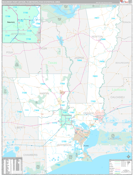 Beaumont-Port Arthur, TX Metro Area Zip Code Map